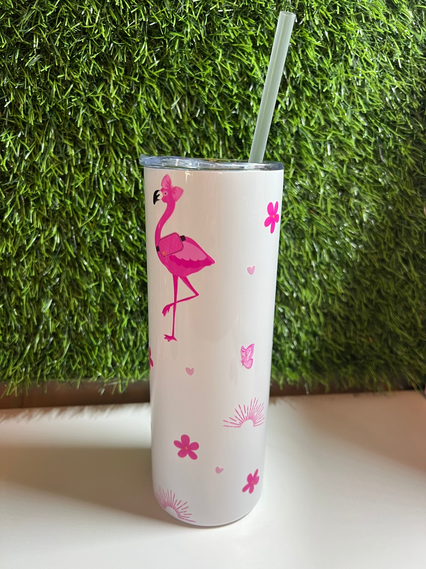 SS Skinny 20oz white tumbler -Fancy Flamingo