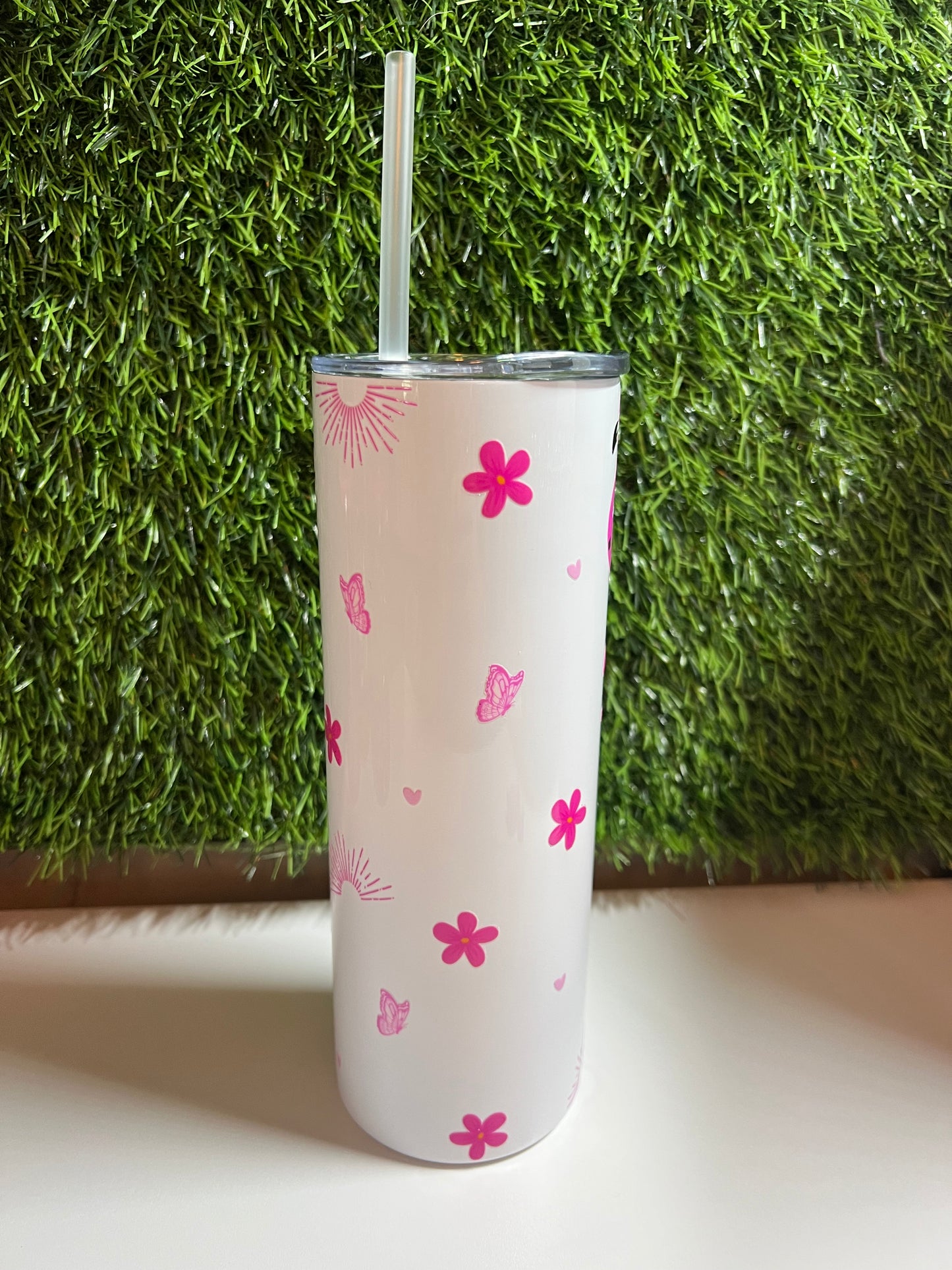 SS Skinny 20oz white tumbler -Fancy Flamingo