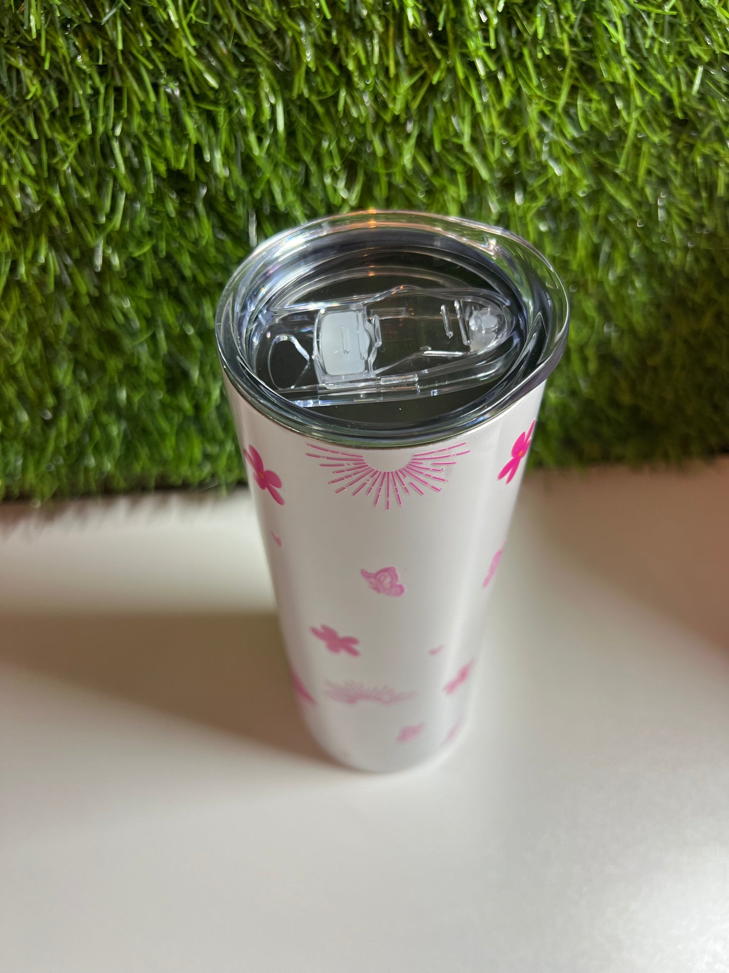 SS Skinny 20oz white tumbler -Fancy Flamingo