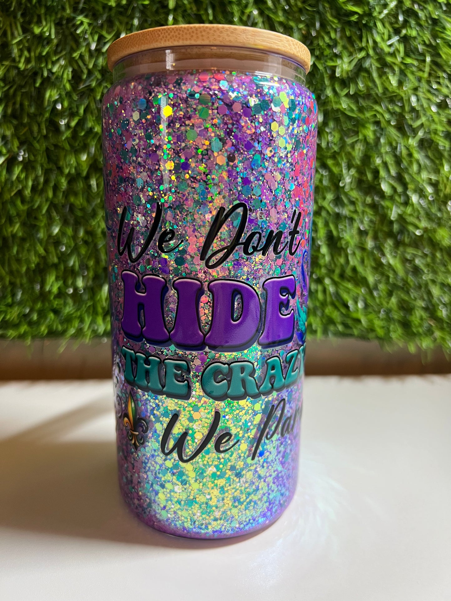 Glitter 15oz snow globe tumbler with handle Mardi Gras Mama
