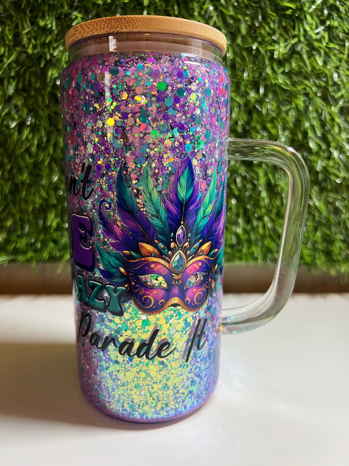 Glitter 15oz snow globe tumbler with handle Mardi Gras Mama