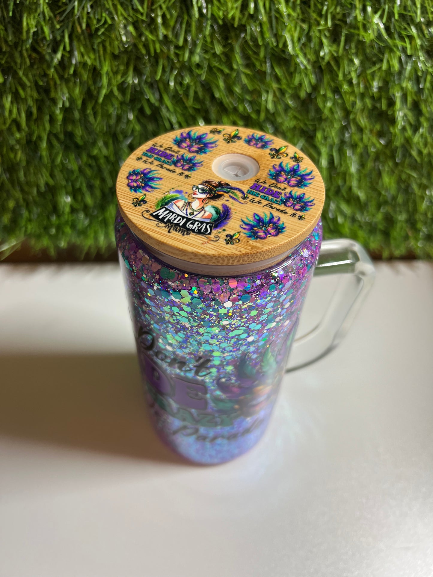 Glitter 15oz snow globe tumbler with handle Mardi Gras Mama
