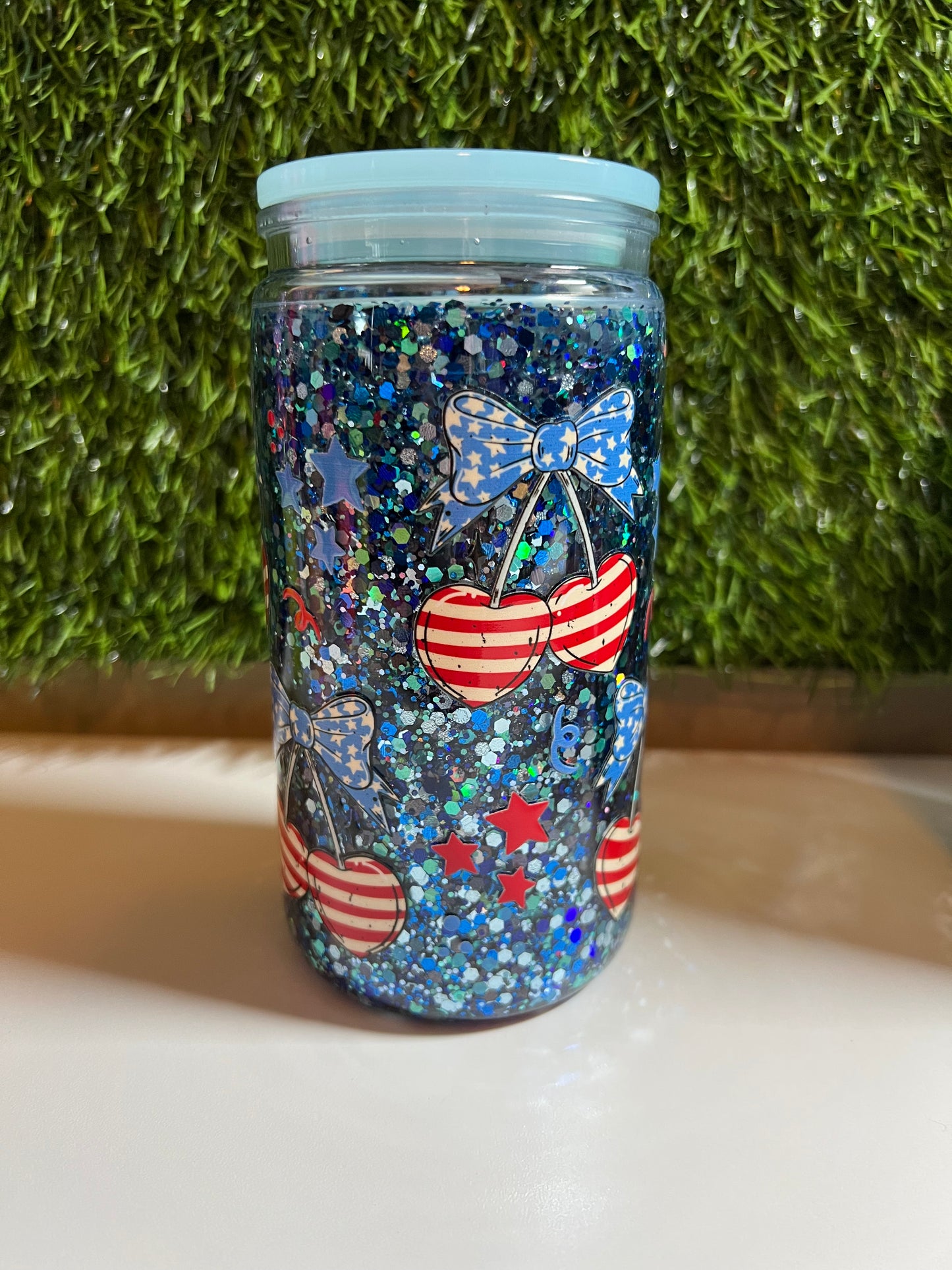 Glitter 16oz snow globe tumbler- RWB Cherries