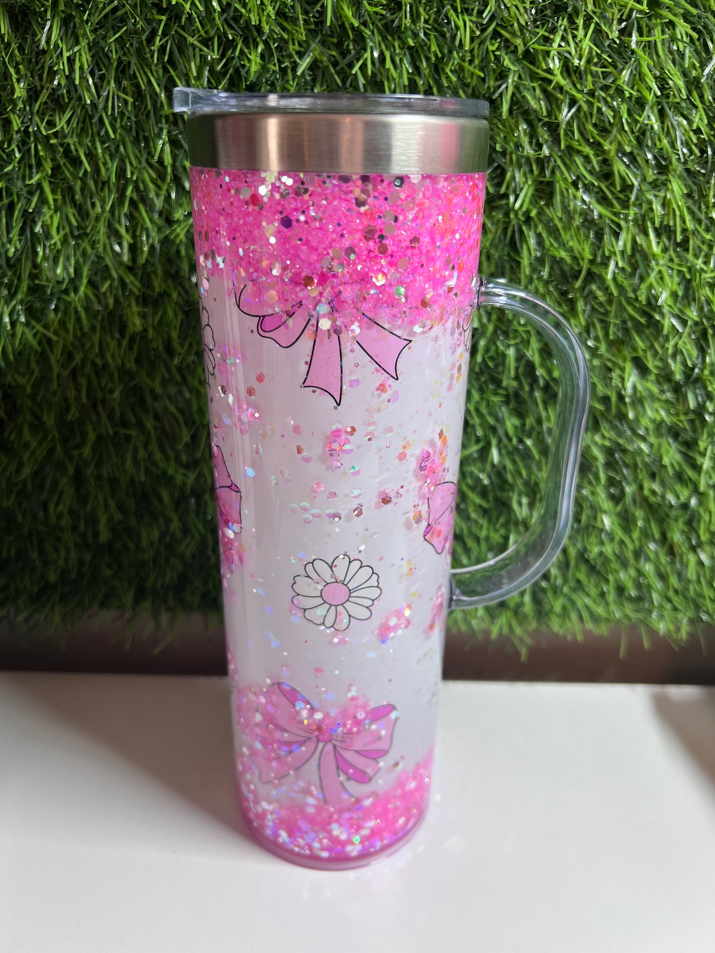 SS Skinny 20oz snow globe tumbler with handle - Pink Bows
