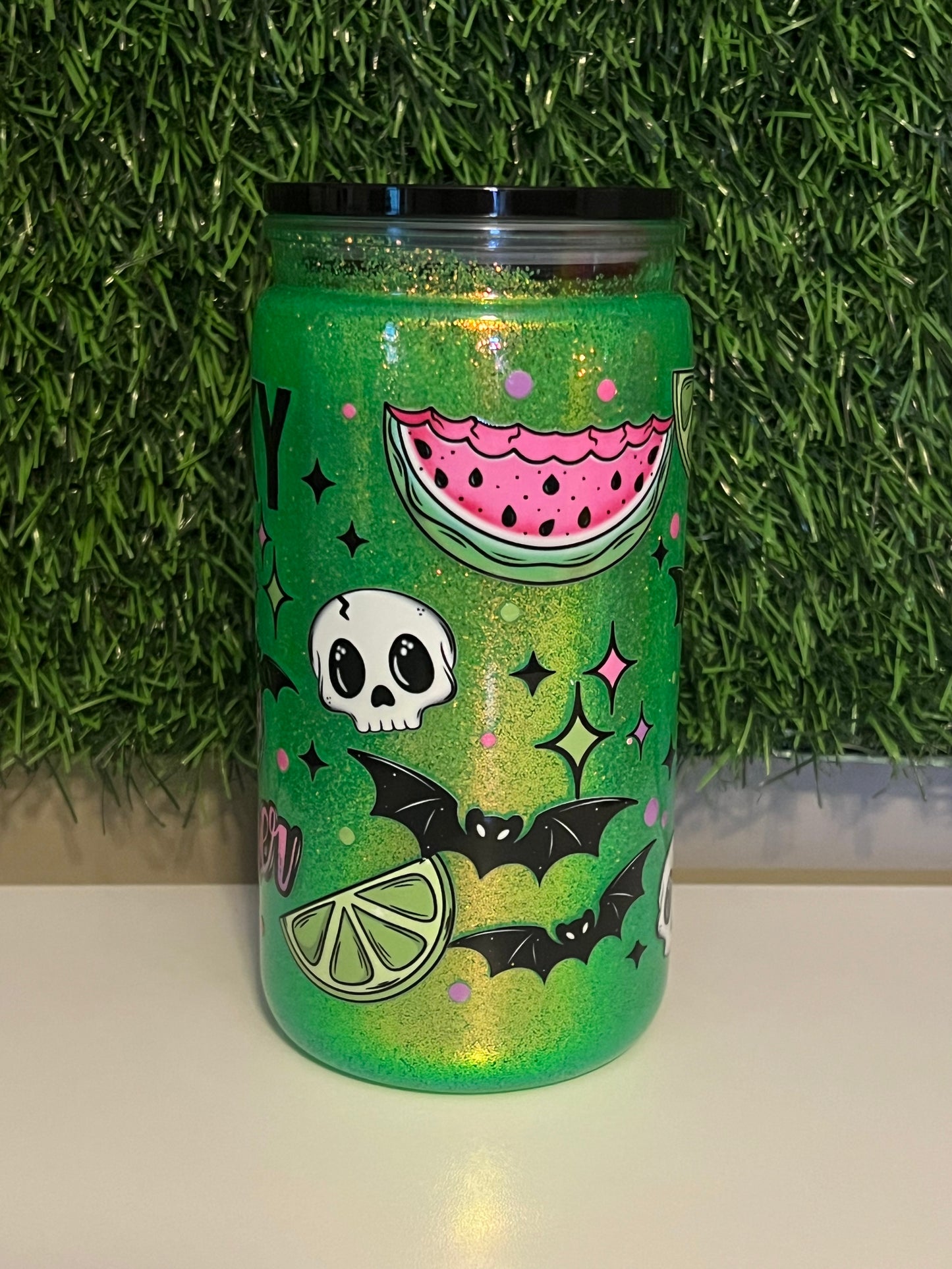 Glitter 16oz Acrylic snow globe tumbler Spooky summer
