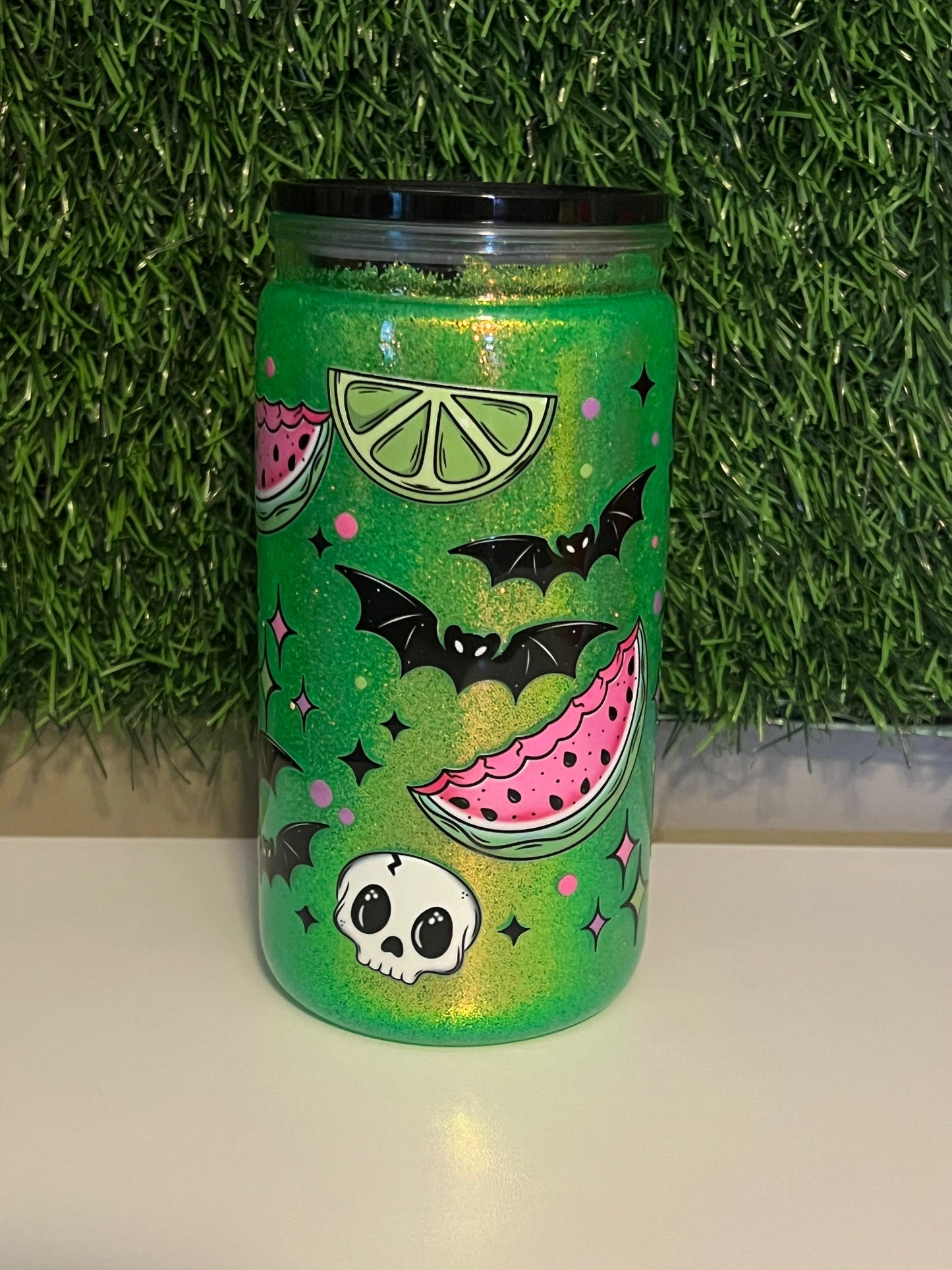 Glitter 16oz Acrylic snow globe tumbler Spooky summer