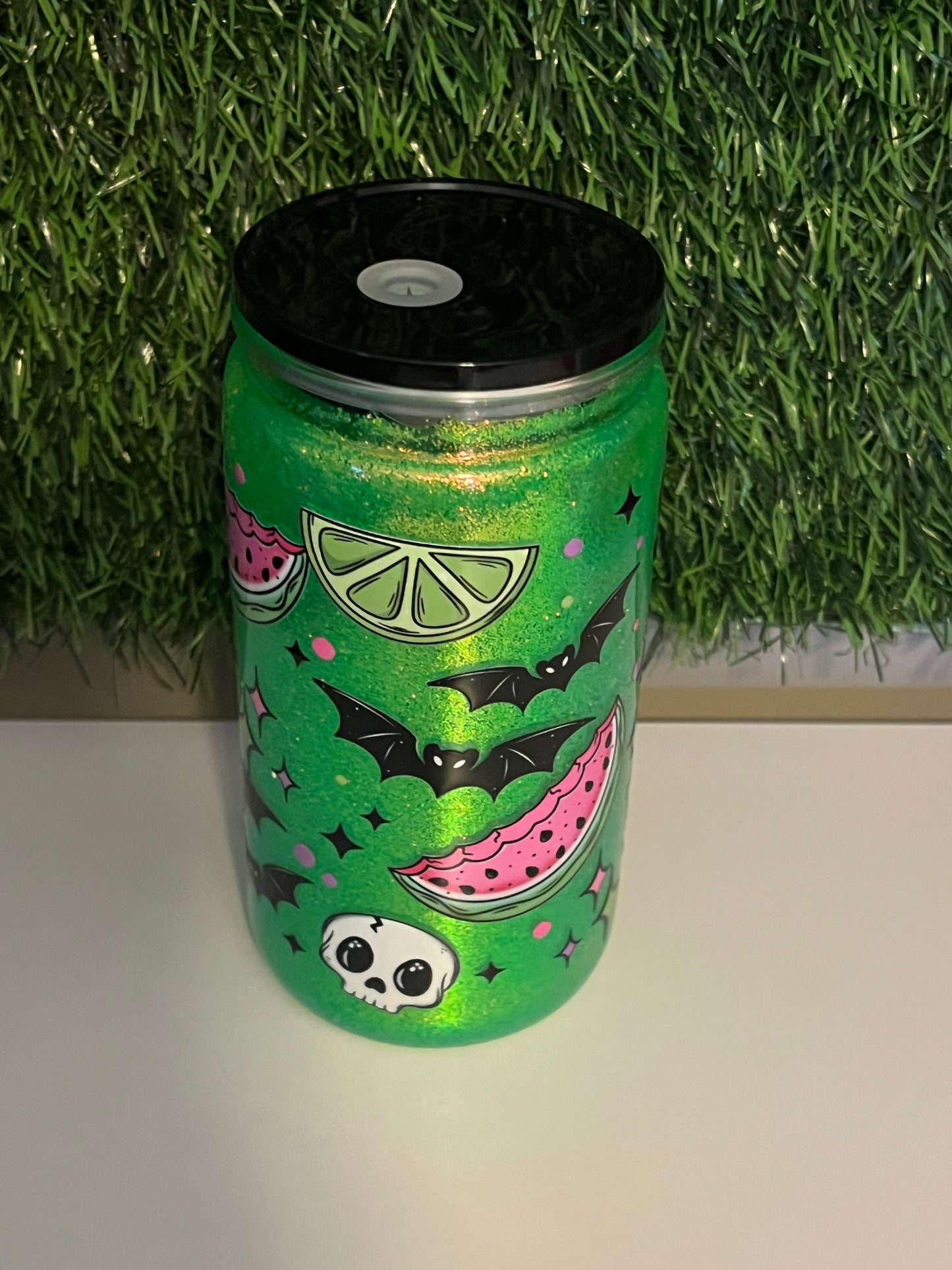 Glitter 16oz Acrylic snow globe tumbler Spooky summer
