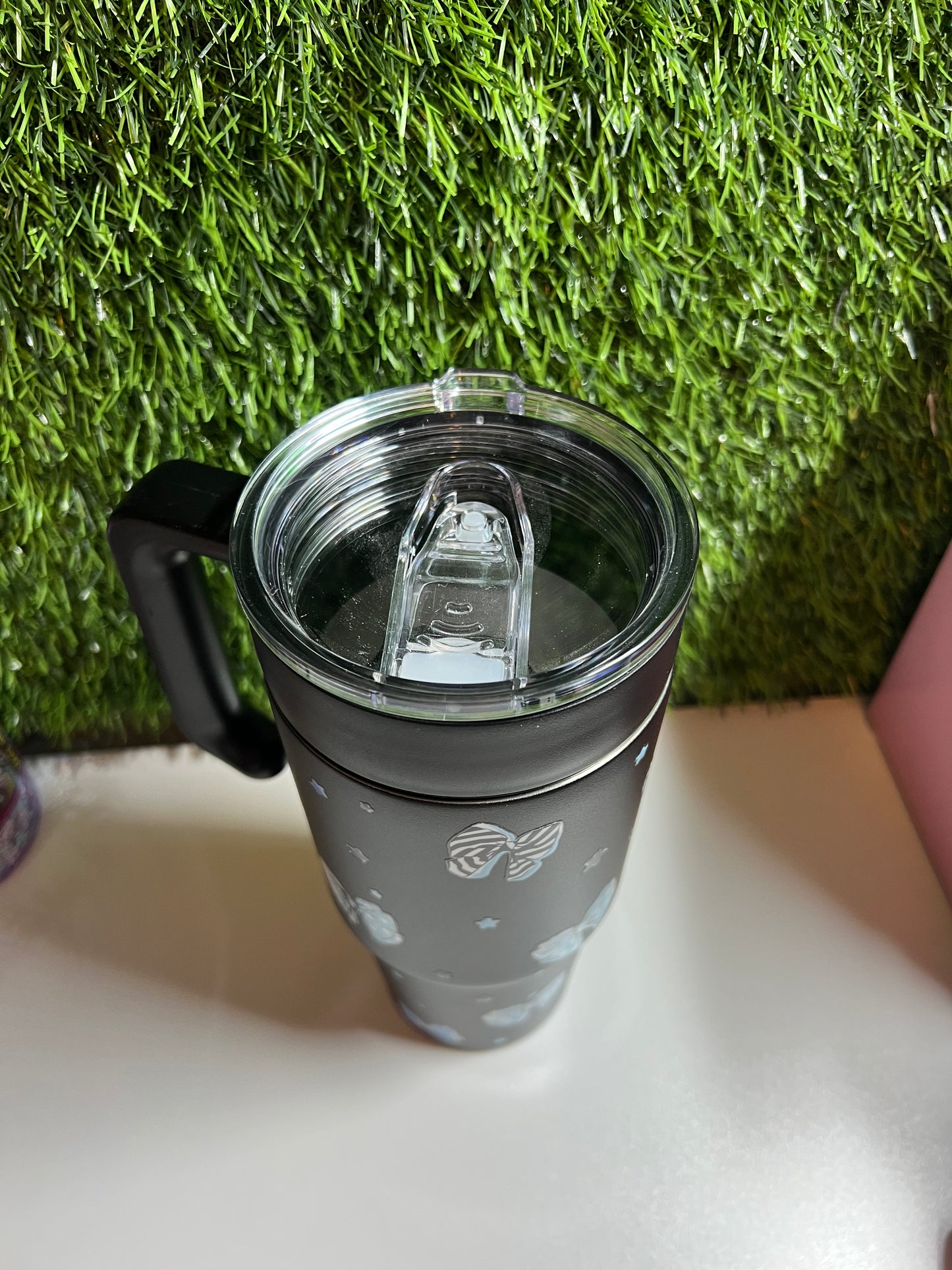 SS Black 30oz tumbler with handle- Blue bows