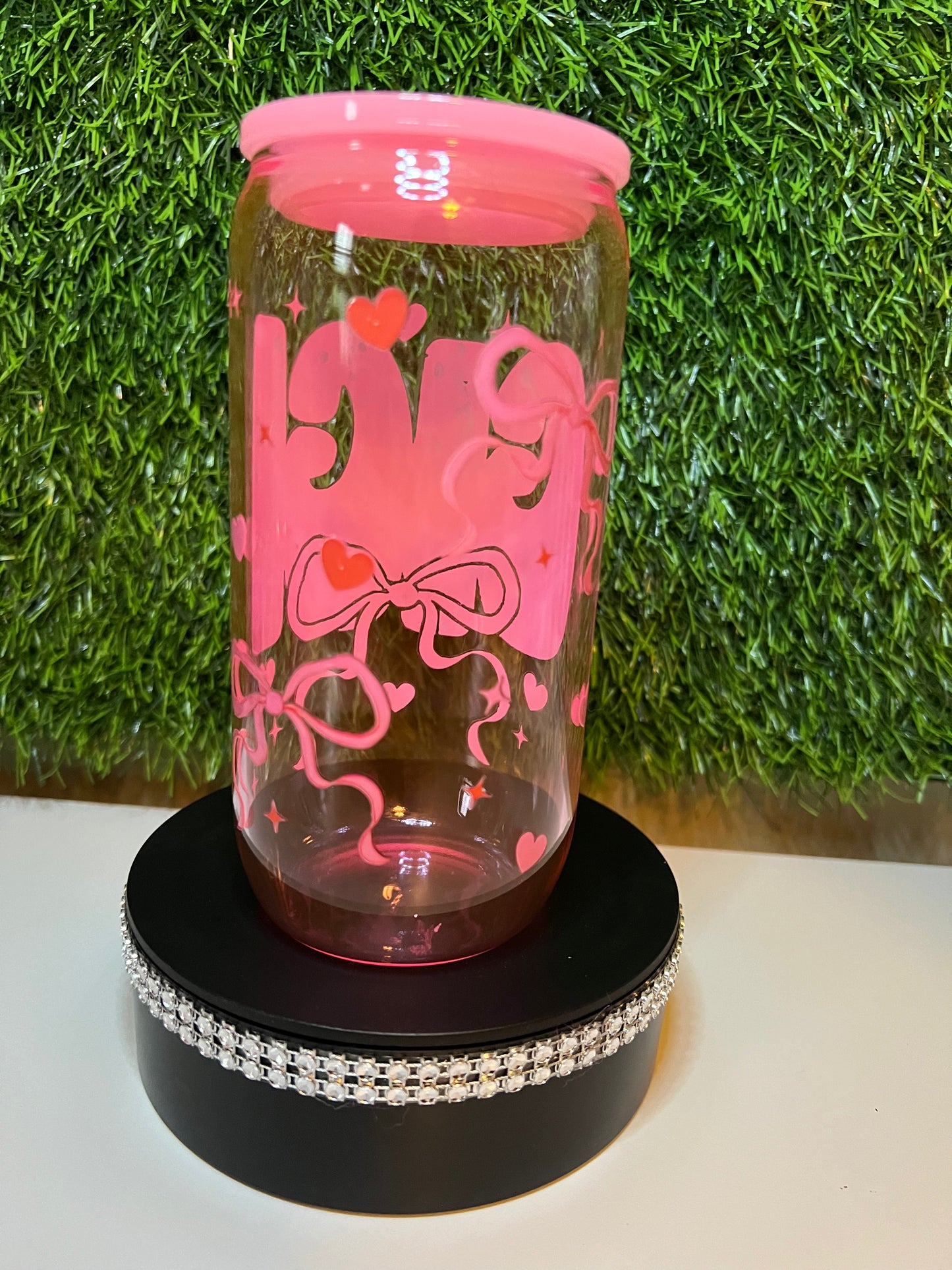 Clear pink 16oz cup- Gigi Bows