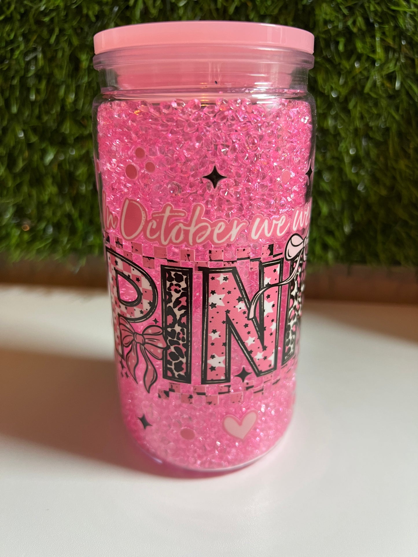Diamond 16oz snow globe tumbler- October we wear pink