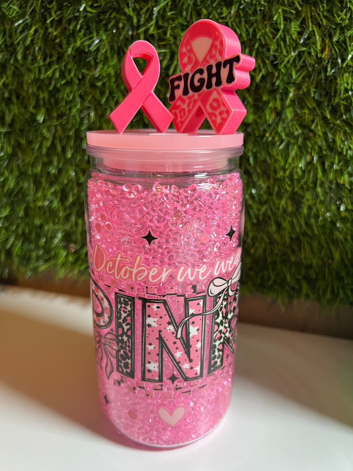 Diamond 16oz snow globe tumbler- October we wear pink