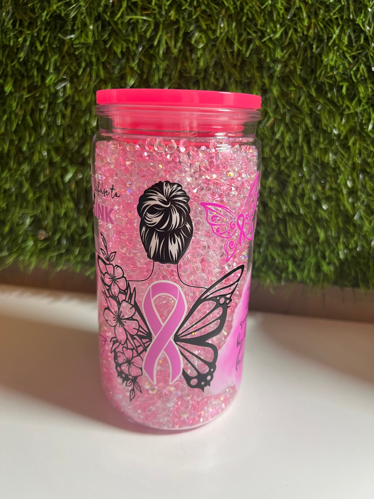 Diamond 16oz snow globe tumbler- Think Pink
