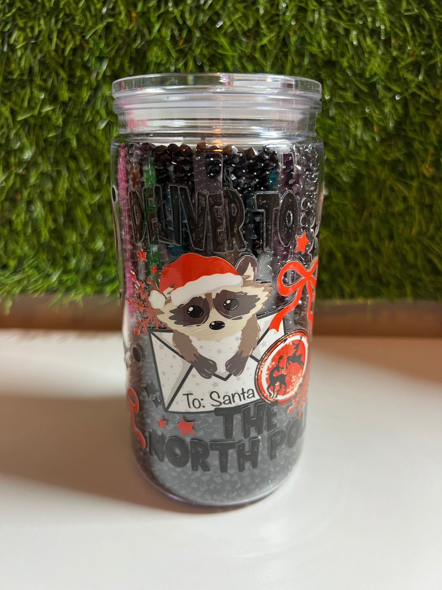 Diamond 16oz snow globe tumbler- Christmas raccoon