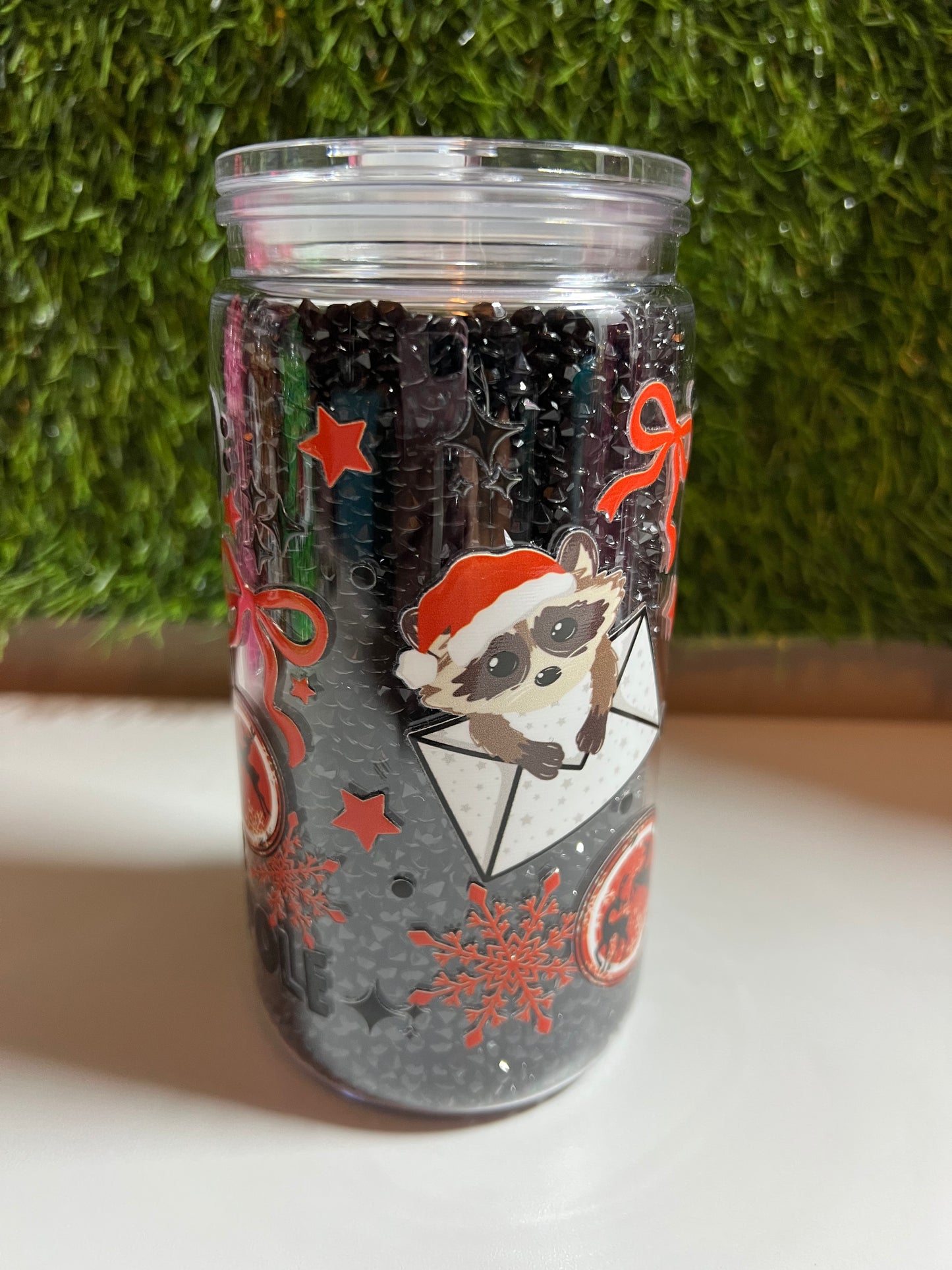 Diamond 16oz snow globe tumbler- Christmas raccoon