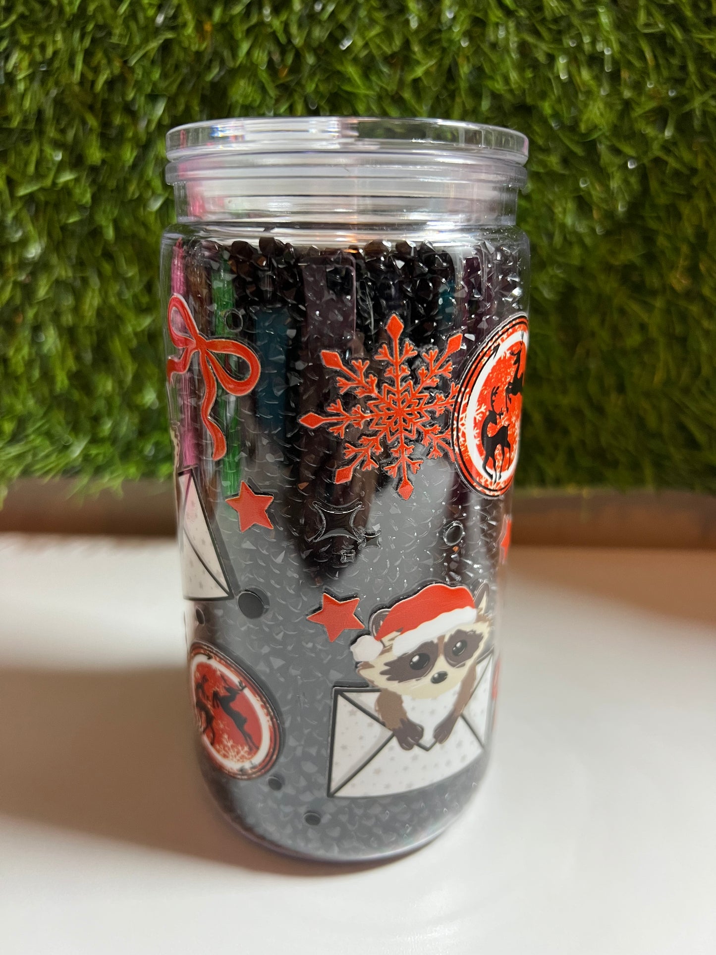 Diamond 16oz snow globe tumbler- Christmas raccoon