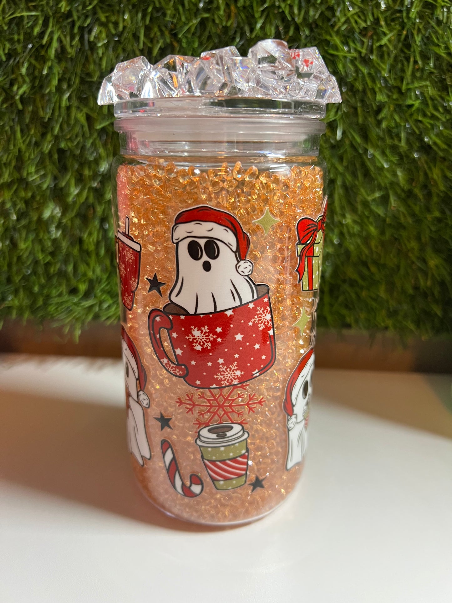 Diamond 16oz snow globe tumbler- Christmas coffee ghostie