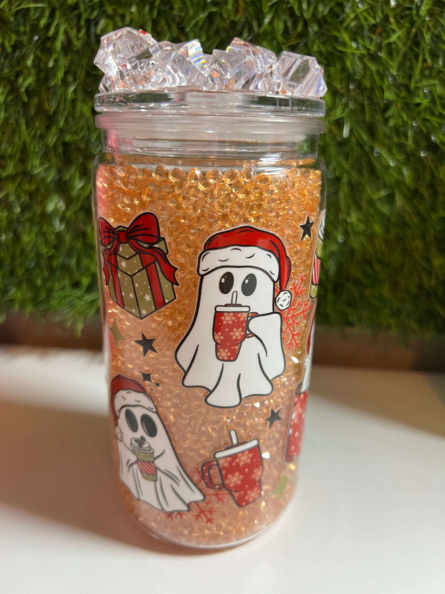 Diamond 16oz snow globe tumbler- Christmas coffee ghostie