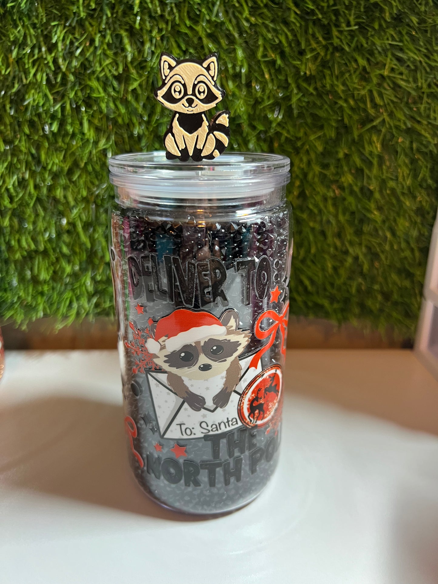 Diamond 16oz snow globe tumbler- Christmas raccoon