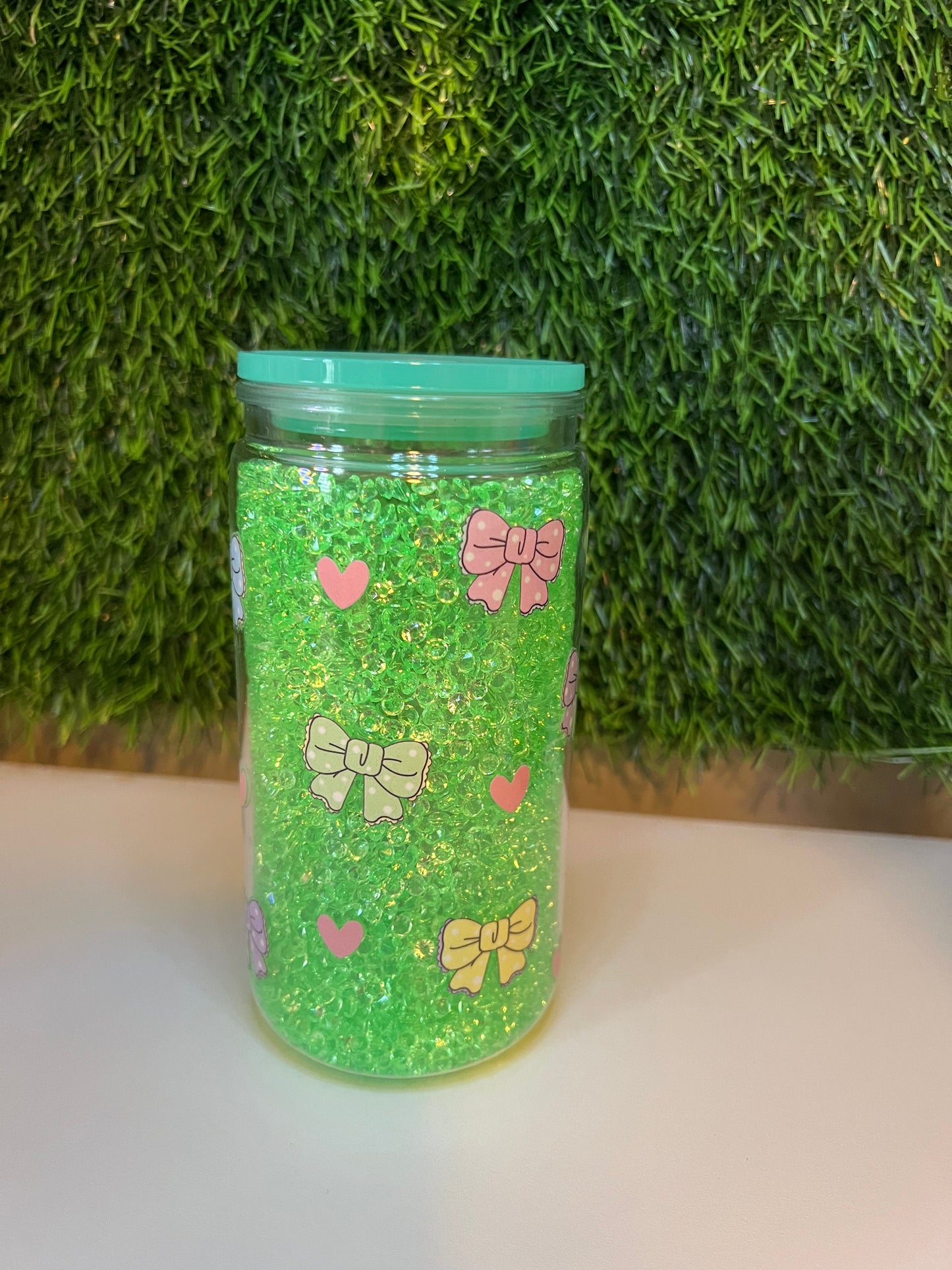 Diamond lime green 16oz snow globe tumbler Bows