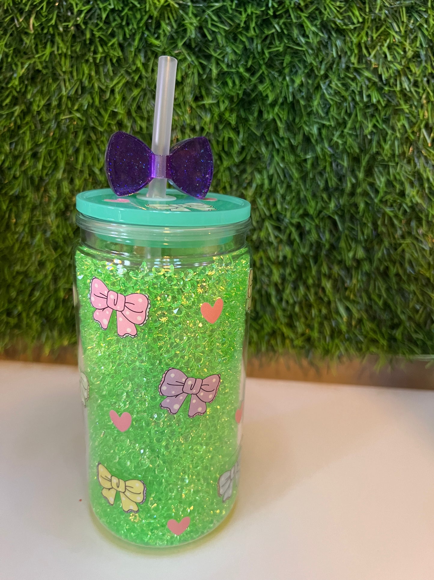 Diamond lime green 16oz snow globe tumbler Bows
