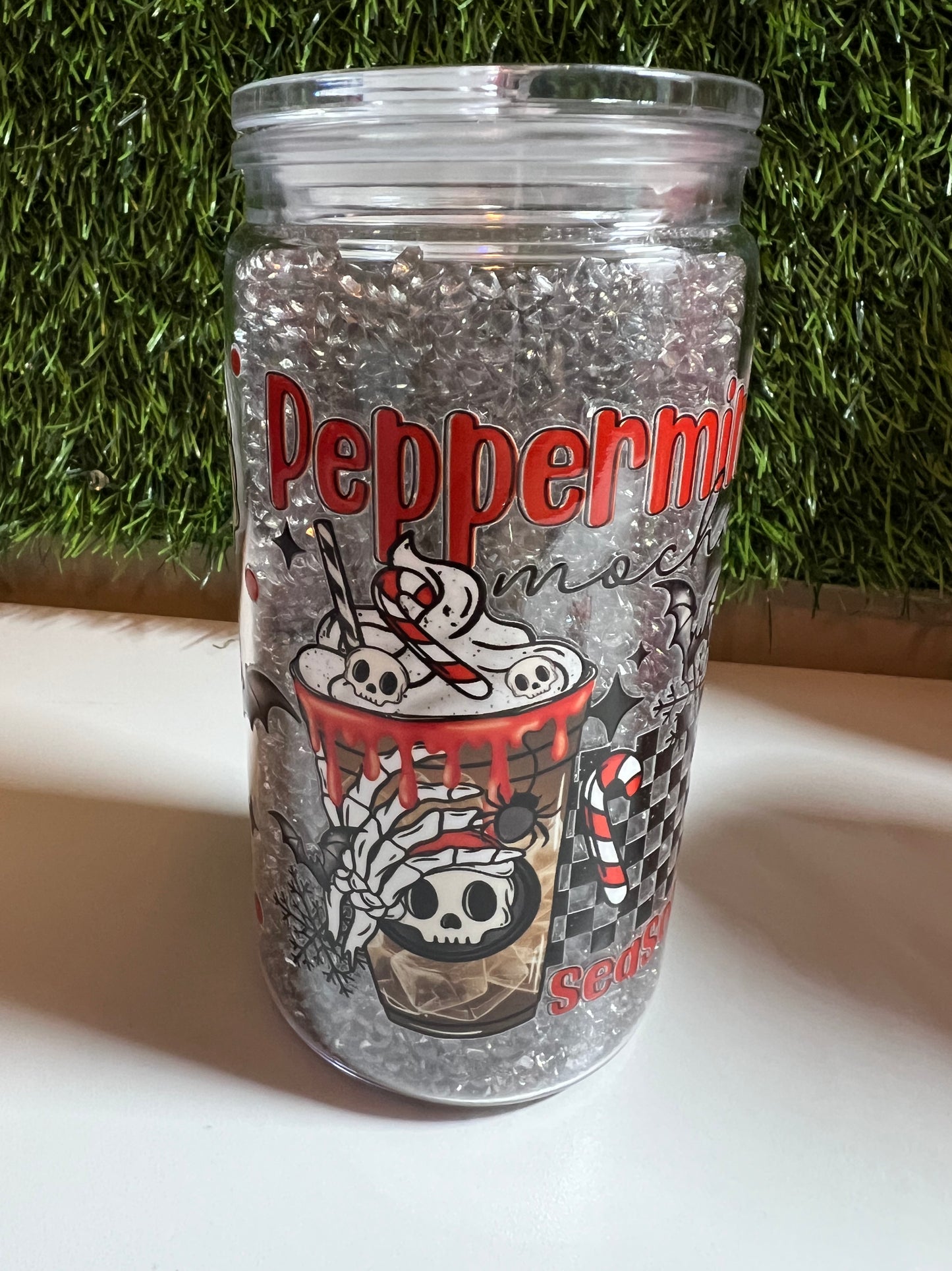 Diamond 16oz snow globe tumbler- Peppermint season skulls