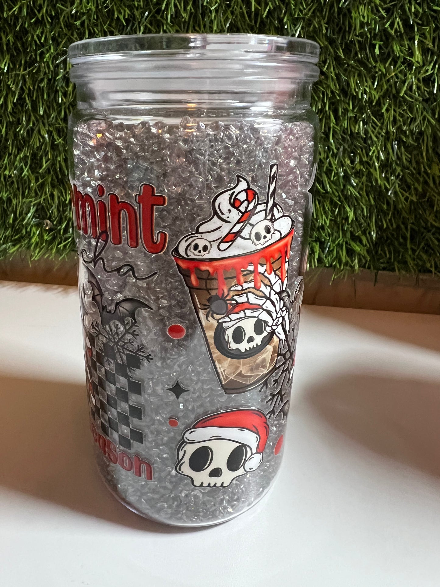 Diamond 16oz snow globe tumbler- Peppermint season skulls