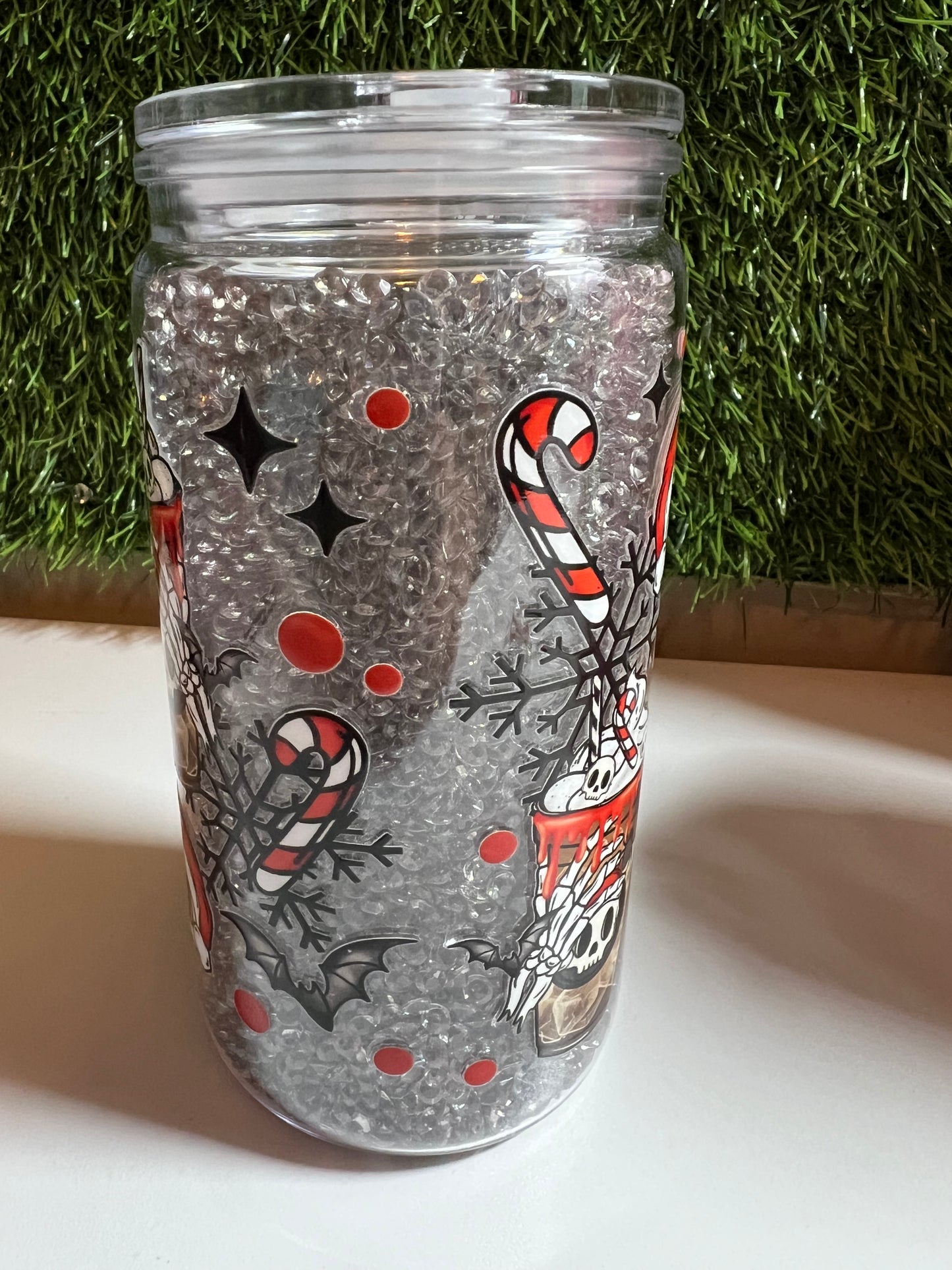 Diamond 16oz snow globe tumbler- Peppermint season skulls