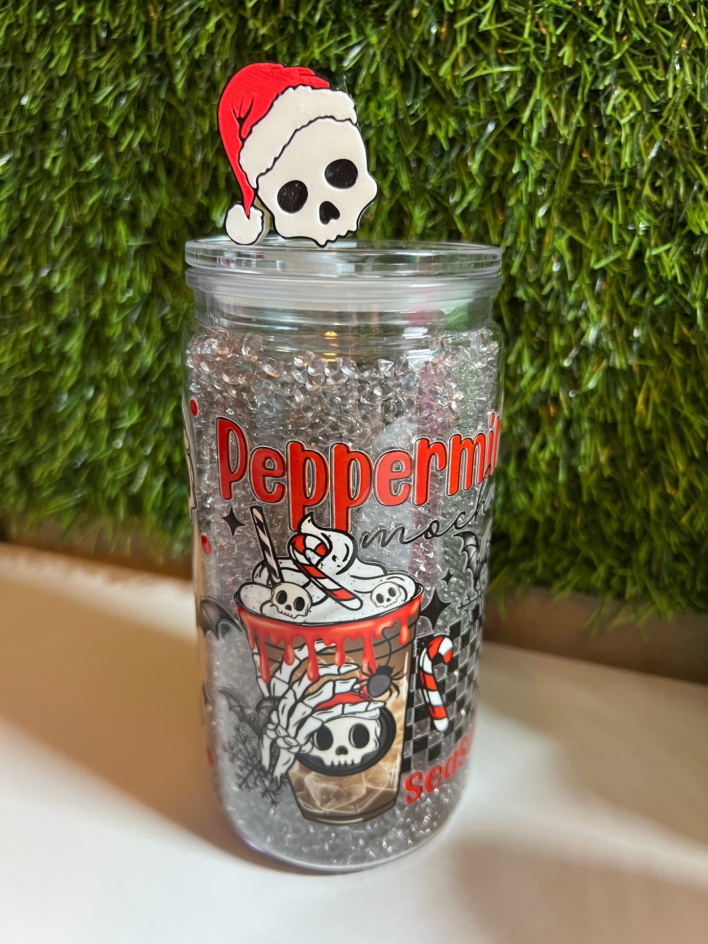 Diamond 16oz snow globe tumbler- Peppermint season skulls