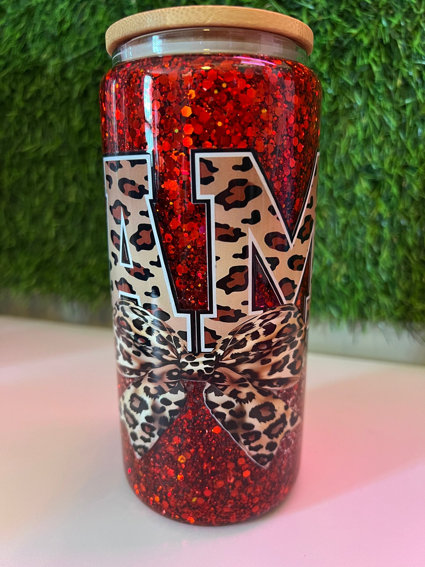 Glitter red 16oz snow globe Mama cheetah