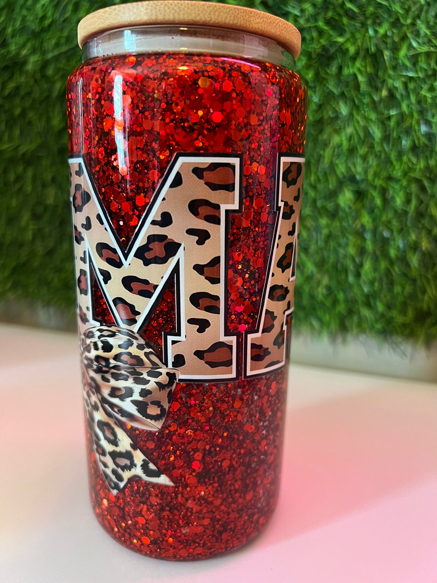 Glitter red 16oz snow globe Mama cheetah