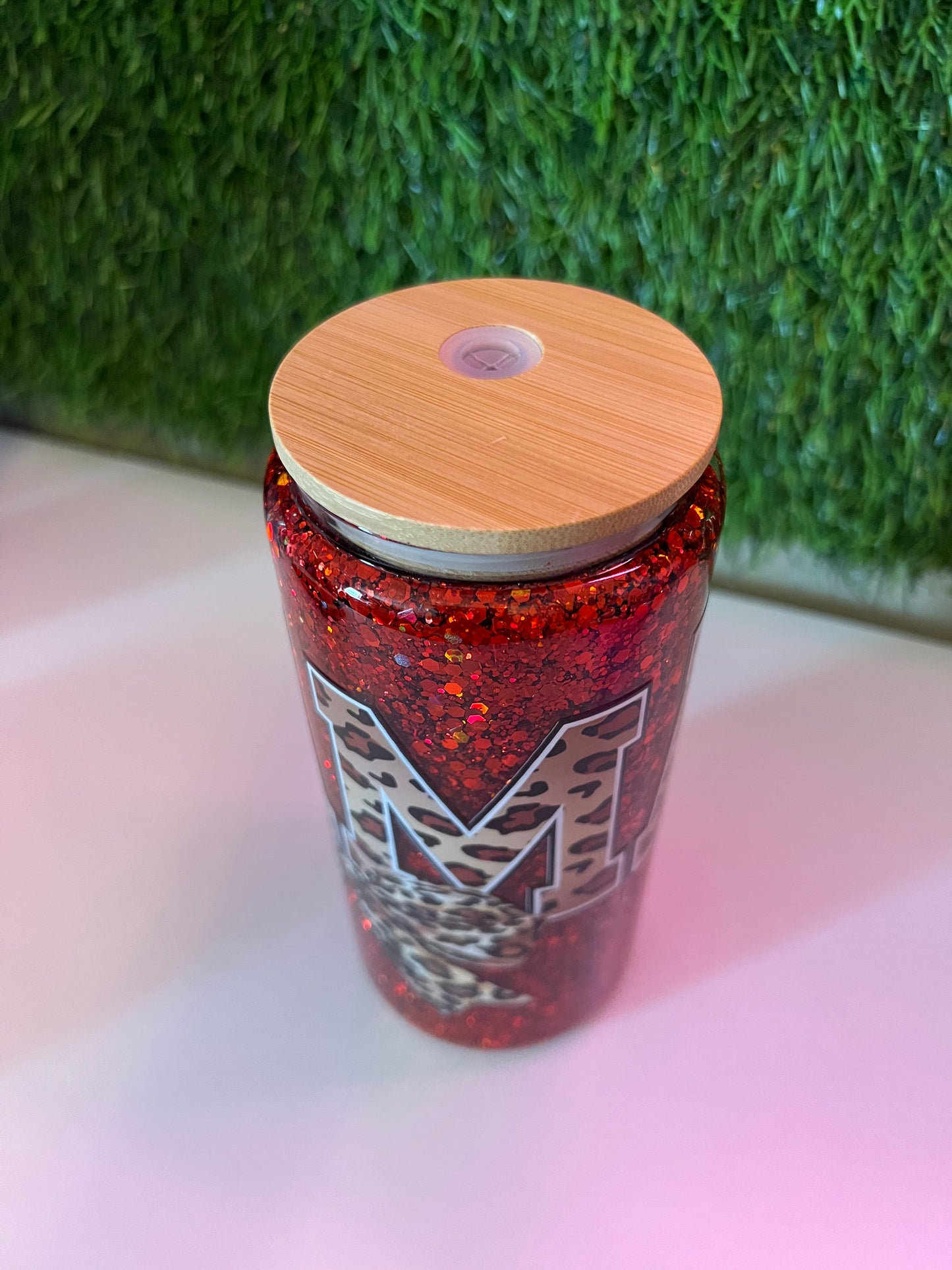 Glitter red 16oz snow globe Mama cheetah