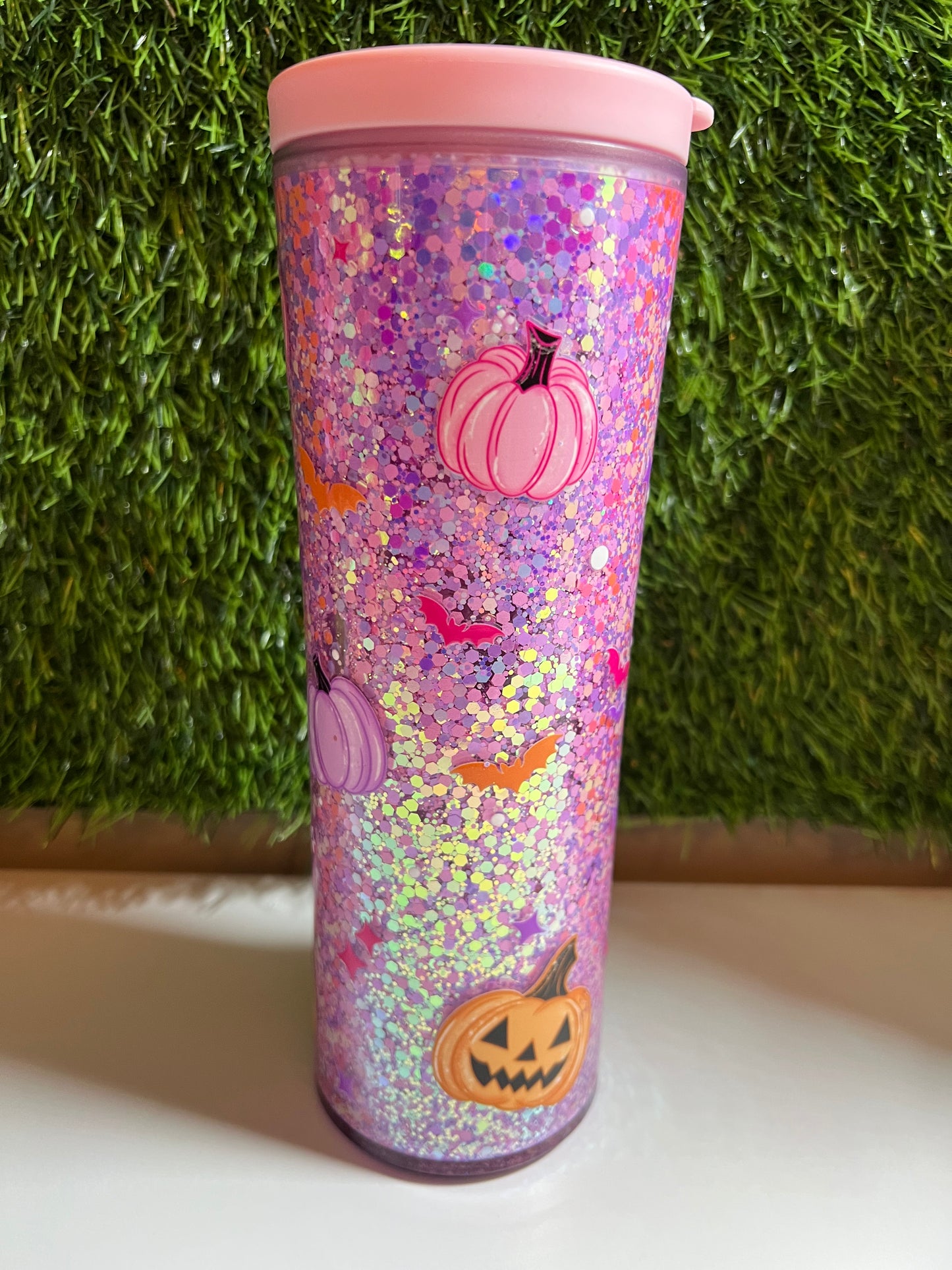20oz Acrylic water bottle- Pink glitter pumpkins