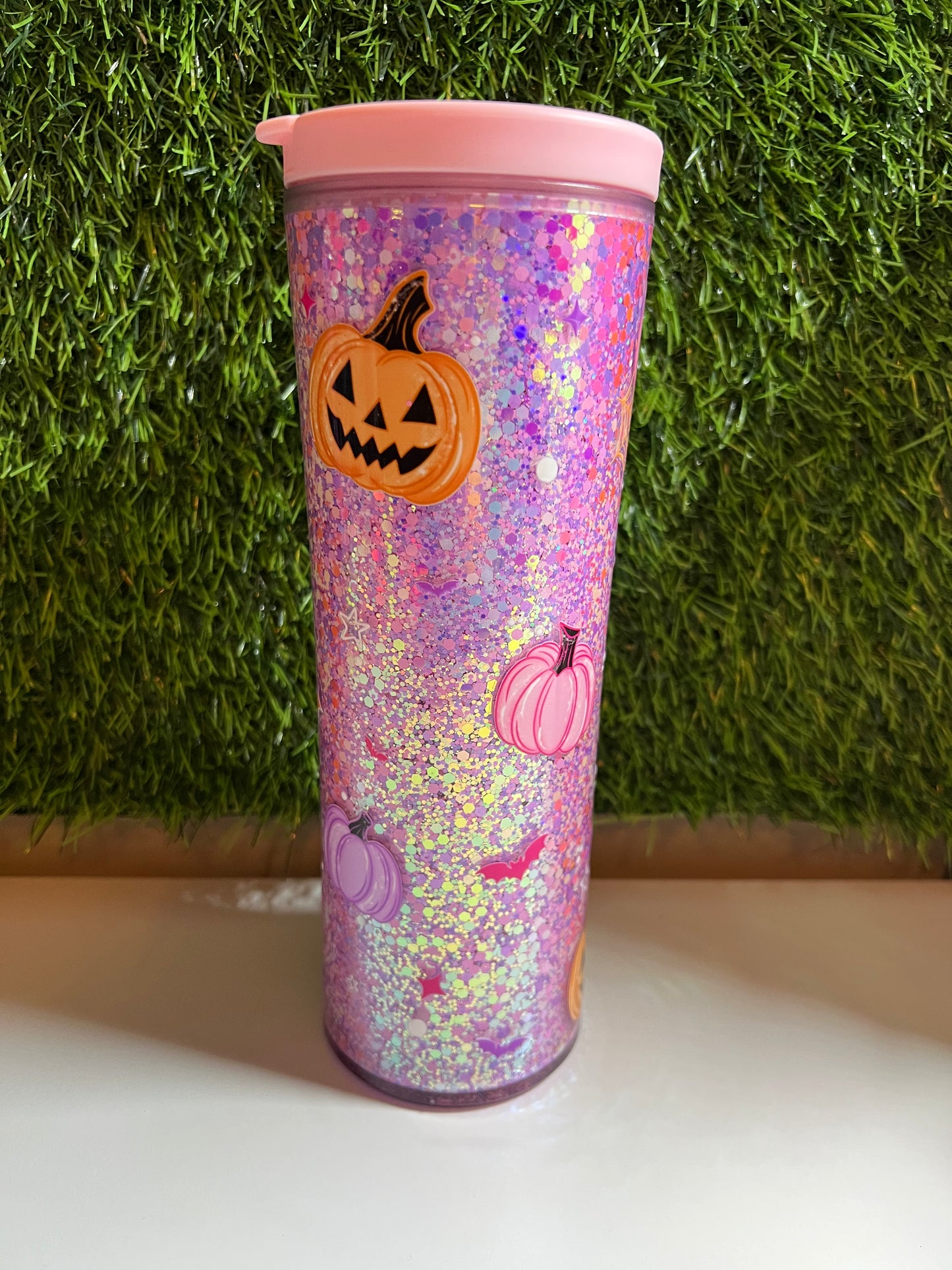 20oz Acrylic water bottle- Pink glitter pumpkins
