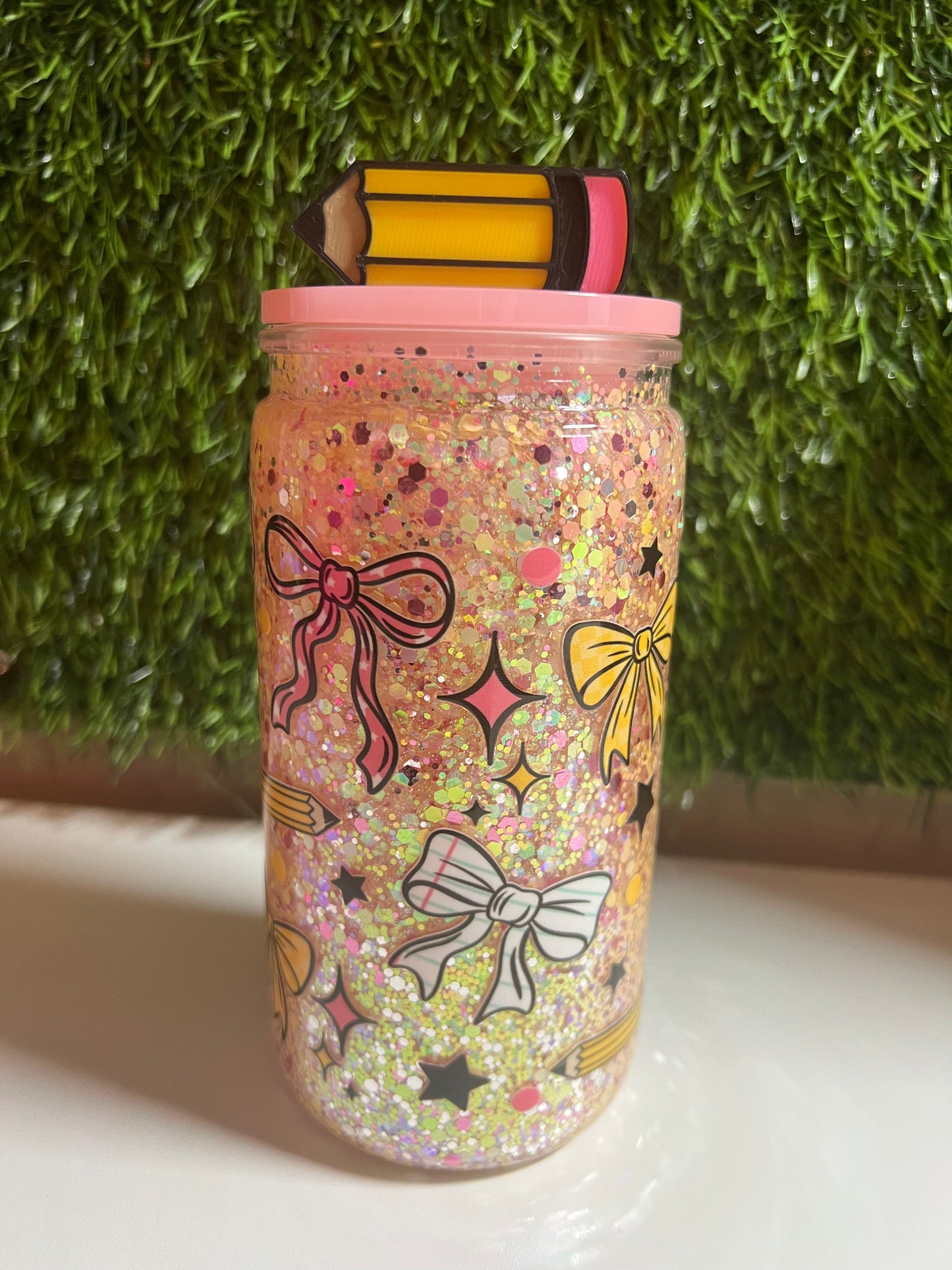 Glitter 16oz snow globe tumbler- Pencils & bows