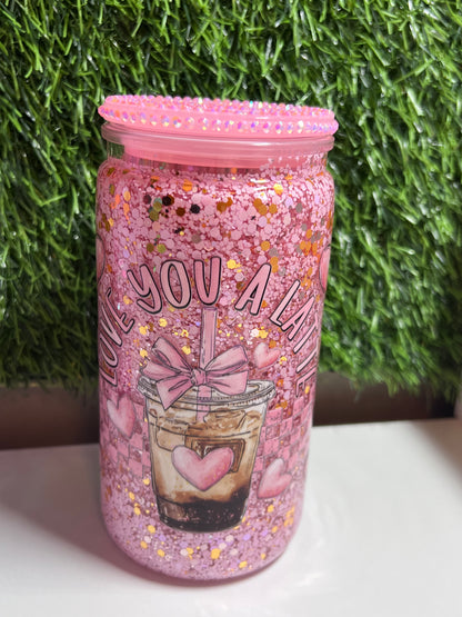 Glitter 16oz snow globe tumbler- Love you A Latte