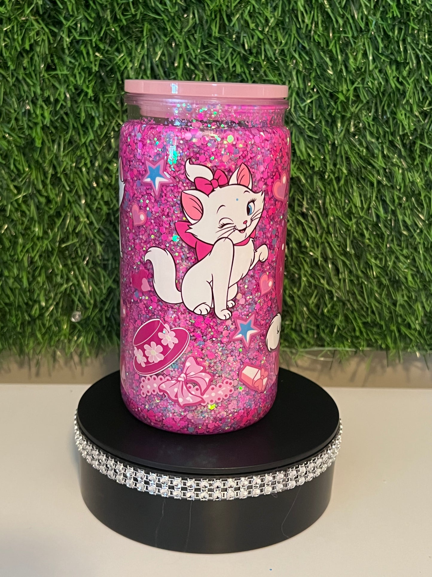 Glitter 16oz Acrylic snow globe tumbler Marie cat