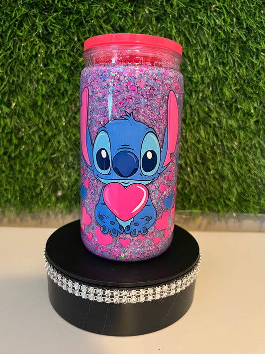 Glitter 16oz Acrylic snow globe tumbler Stitch Valentines