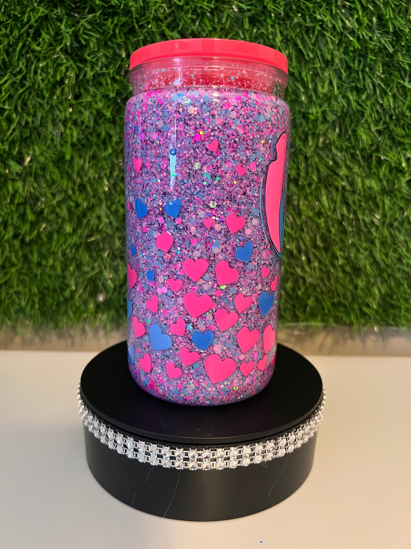 Glitter 16oz Acrylic snow globe tumbler Stitch Valentines