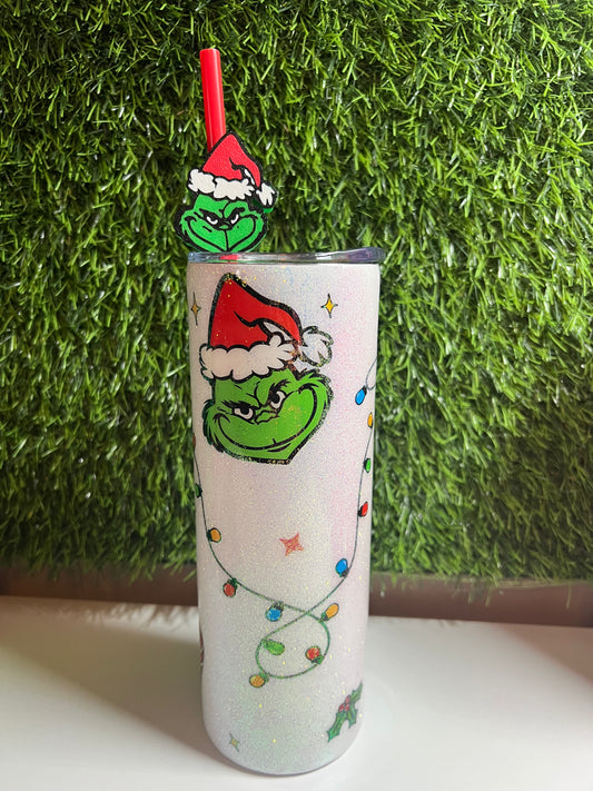 SS Skinny 20oz Epoxy tumbler -Grnchy Christmas lights