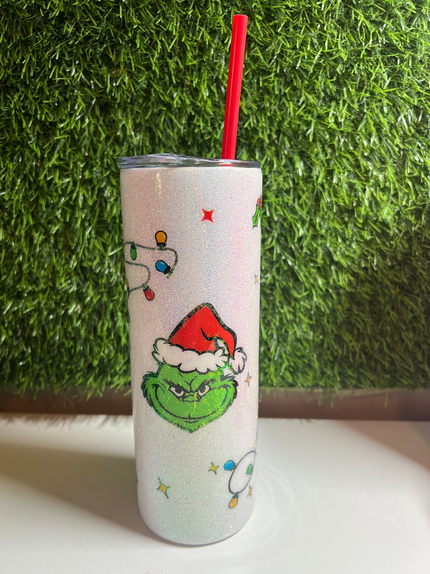 SS Skinny 20oz Epoxy tumbler -Grnchy Christmas lights