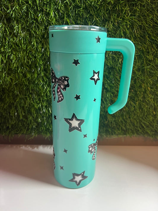 SS Skinny 20oz teal tumbler with handle - Checker bows