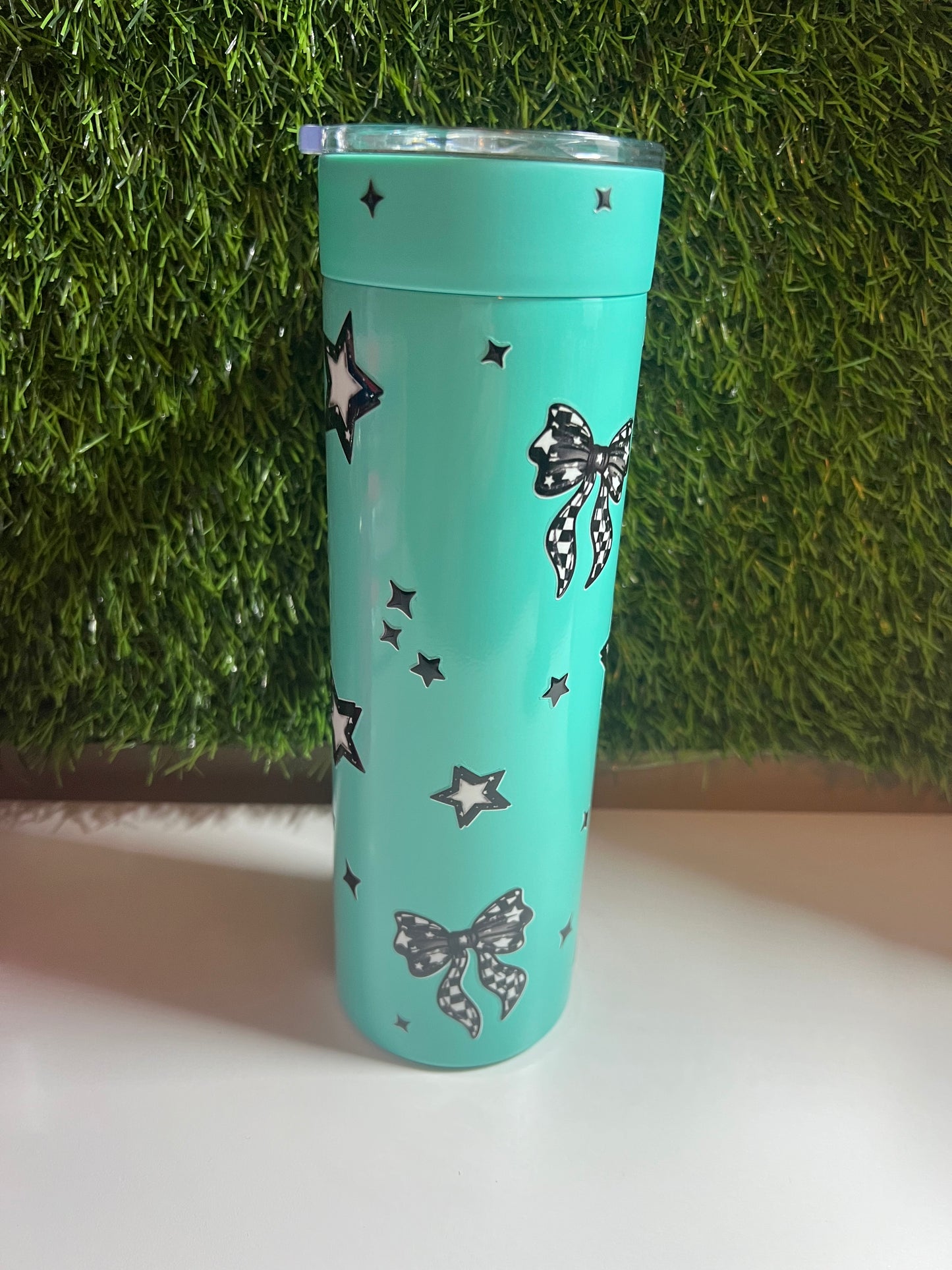 SS Skinny 20oz teal tumbler with handle - Checker bows