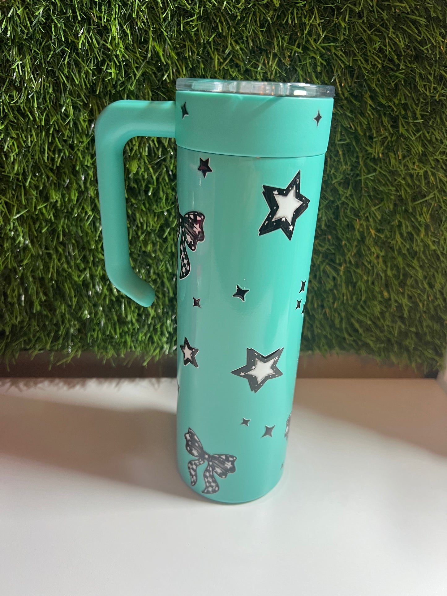 SS Skinny 20oz teal tumbler with handle - Checker bows
