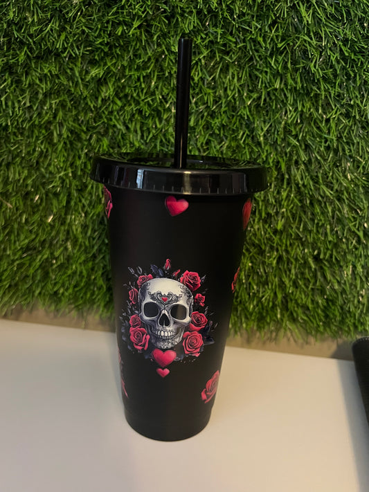 24oz Black tumbler - Floral skull