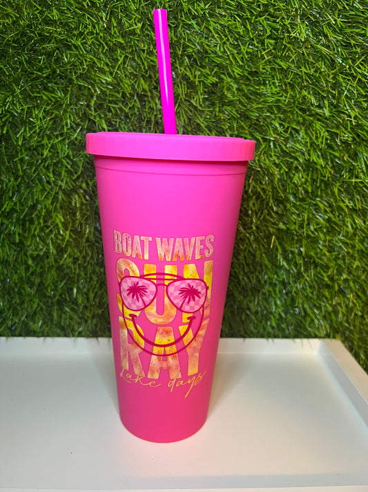 24oz Bright pink tumbler- Boat waves