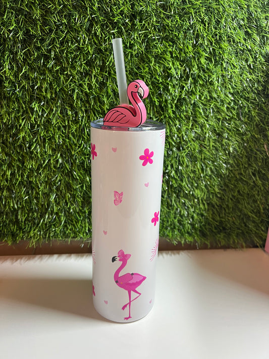 SS Skinny 20oz white tumbler -Fancy Flamingo