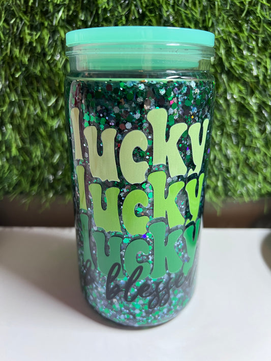 Glitter 16oz snow globe tumbler- Lucky & Blessed