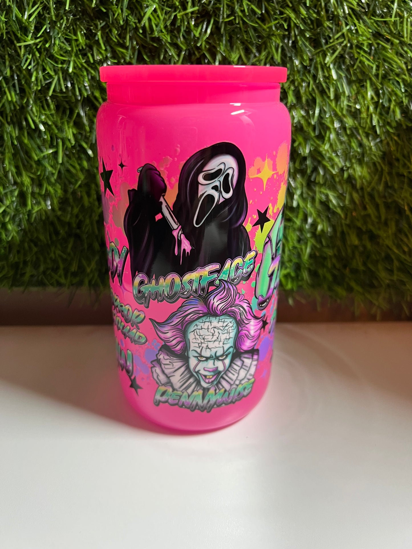 Solid neon pink 16oz cup- Horror squad