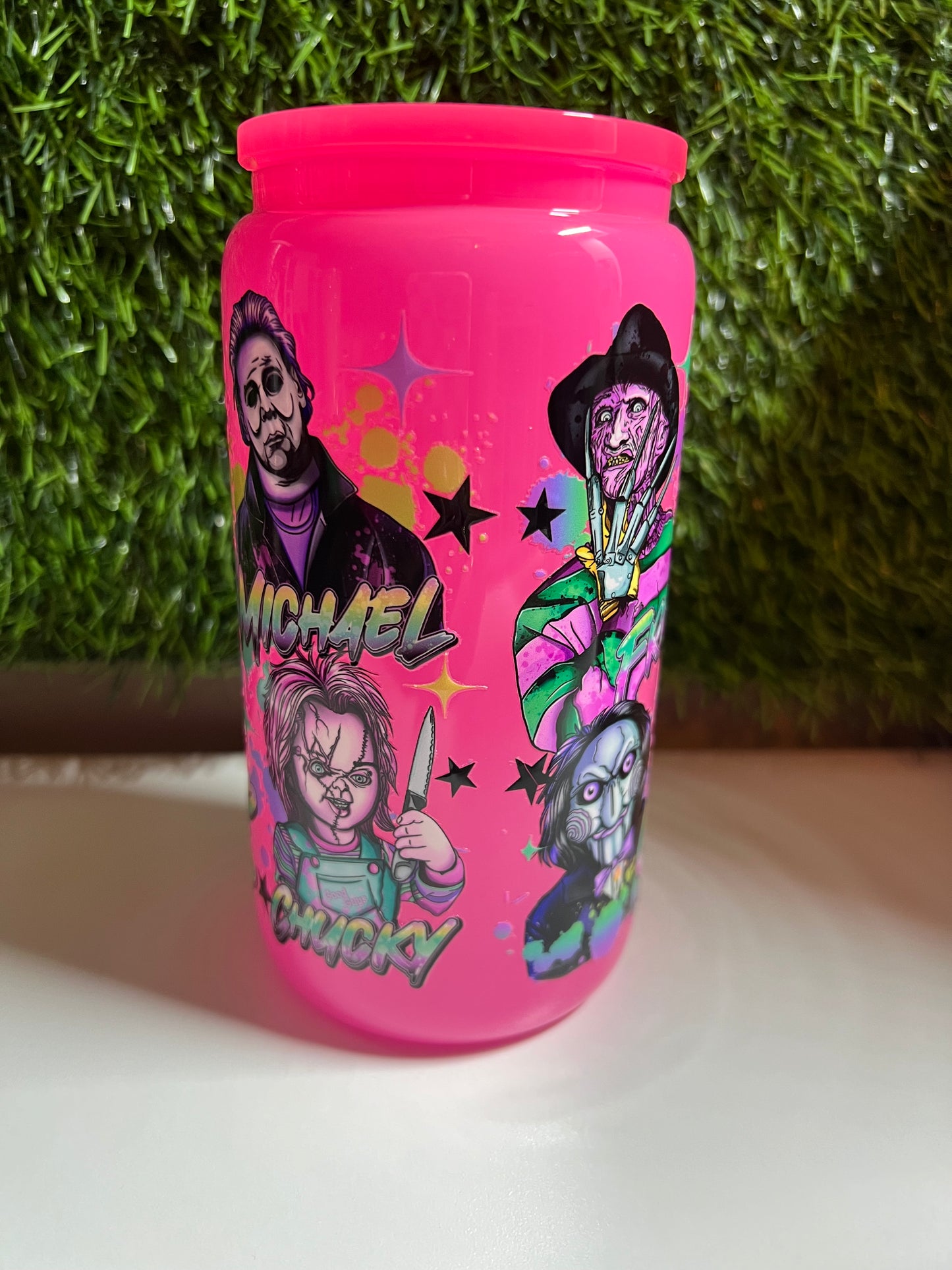 Solid neon pink 16oz cup- Horror squad
