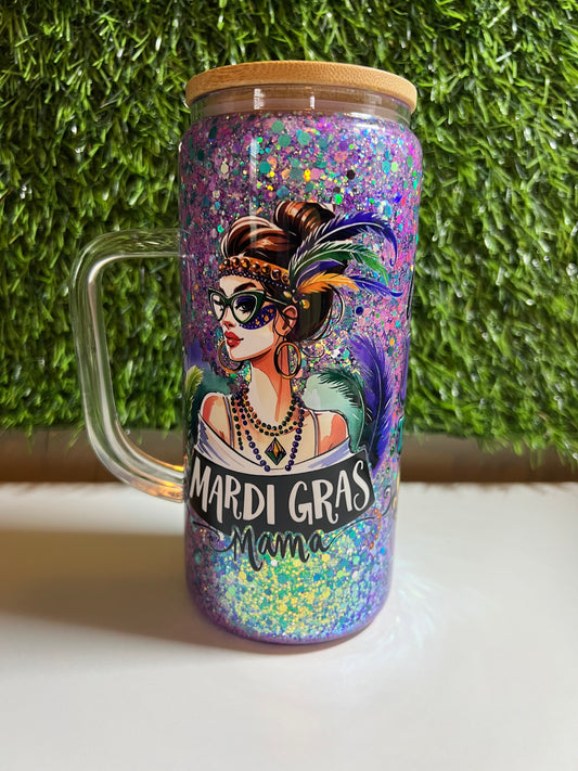 Glitter 15oz snow globe tumbler with handle Mardi Gras Mama